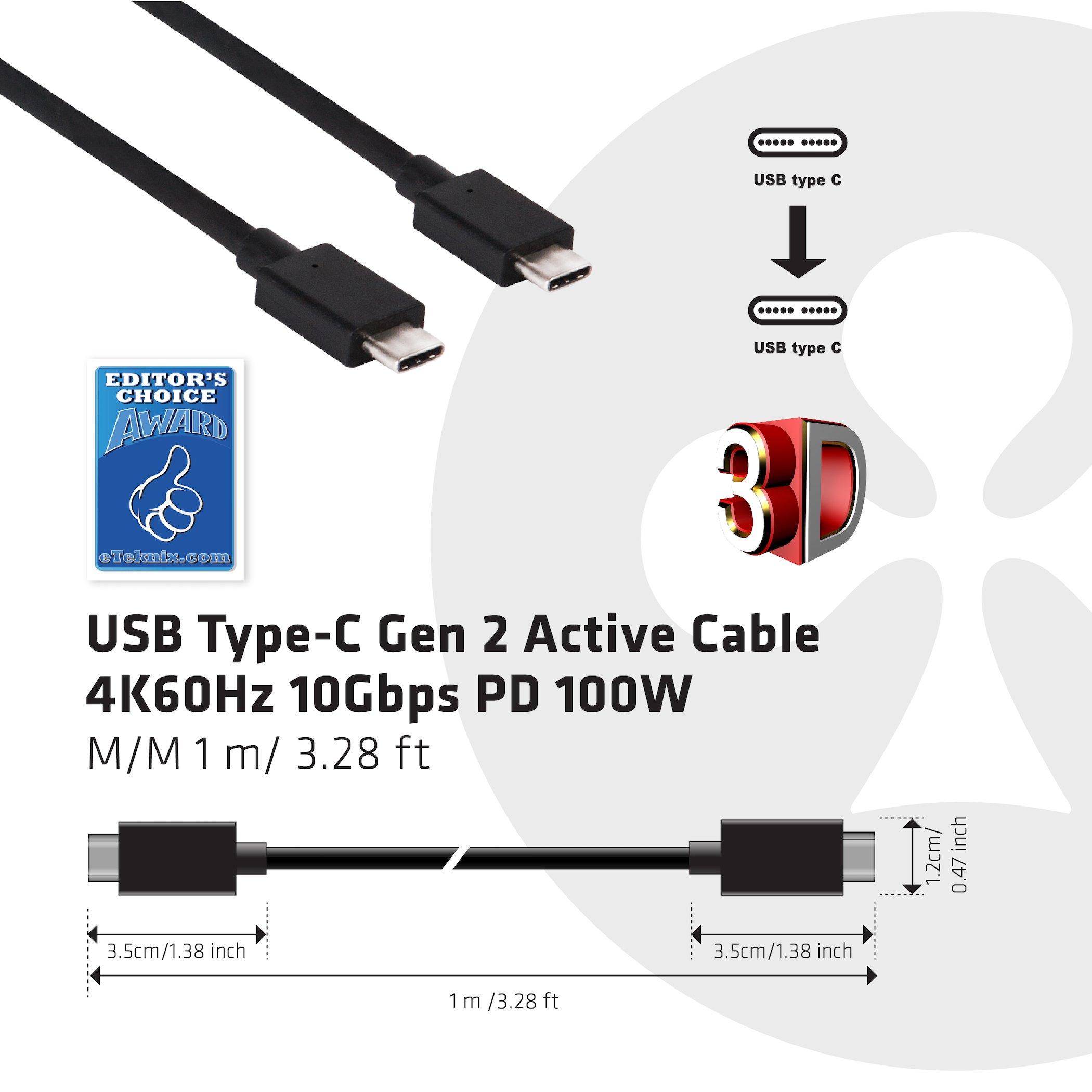 Club3D  USB Type-C Cable M/M 0.8Meter Active PD ~100Watt 4K60Hz 