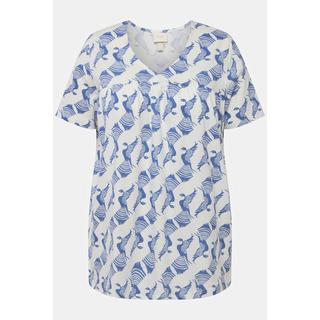 Ulla Popken  Pyjama-Shirt, Tauben, V-Ausschnitt, Halbarm, Biobaumwolle 