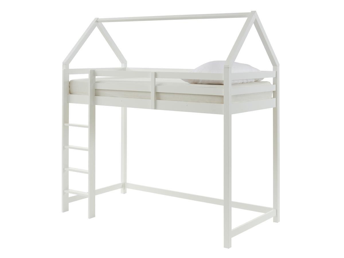 Vente-unique Lit mezzanine cabane 90 x 190 cm - Pin massif - Blanc - TARZIA  