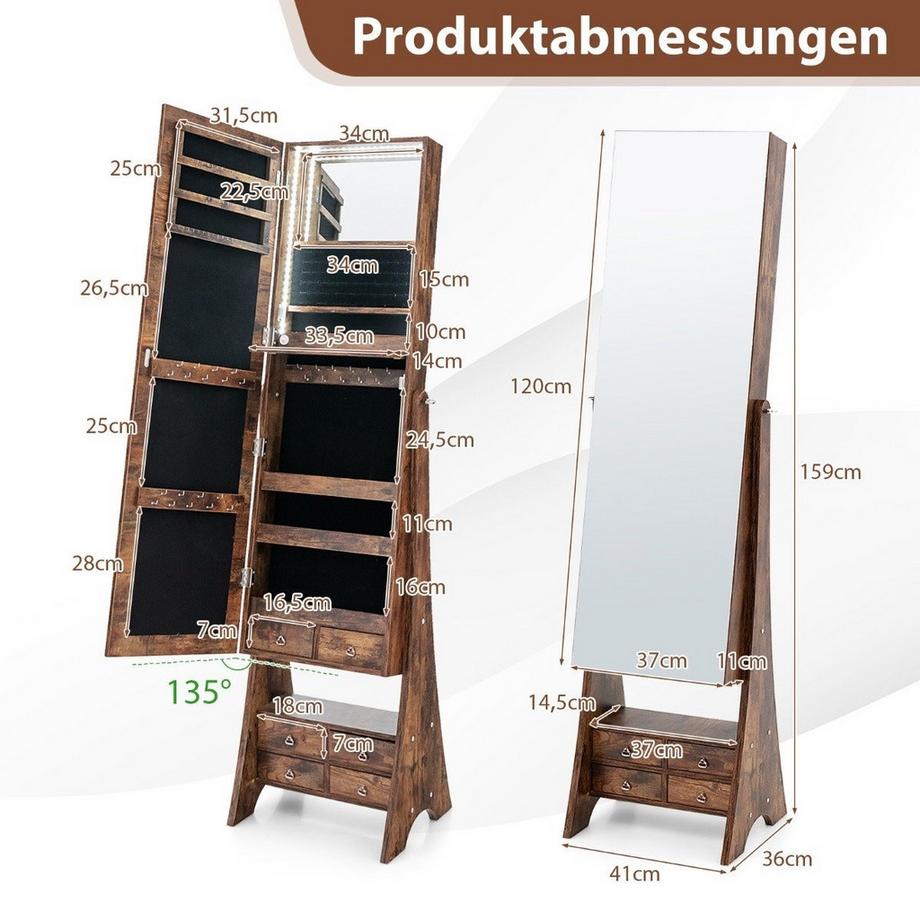 Northix Schmuckschrank mit Spiegel mit Beleuchtung Schmuck Spiegelschrank mit Schubladen Braun  
