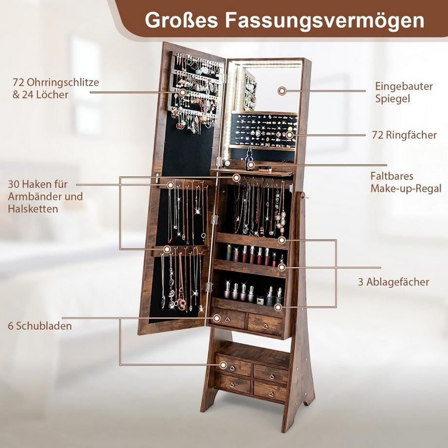 Northix Schmuckschrank mit Spiegel mit Beleuchtung Schmuck Spiegelschrank mit Schubladen Braun  