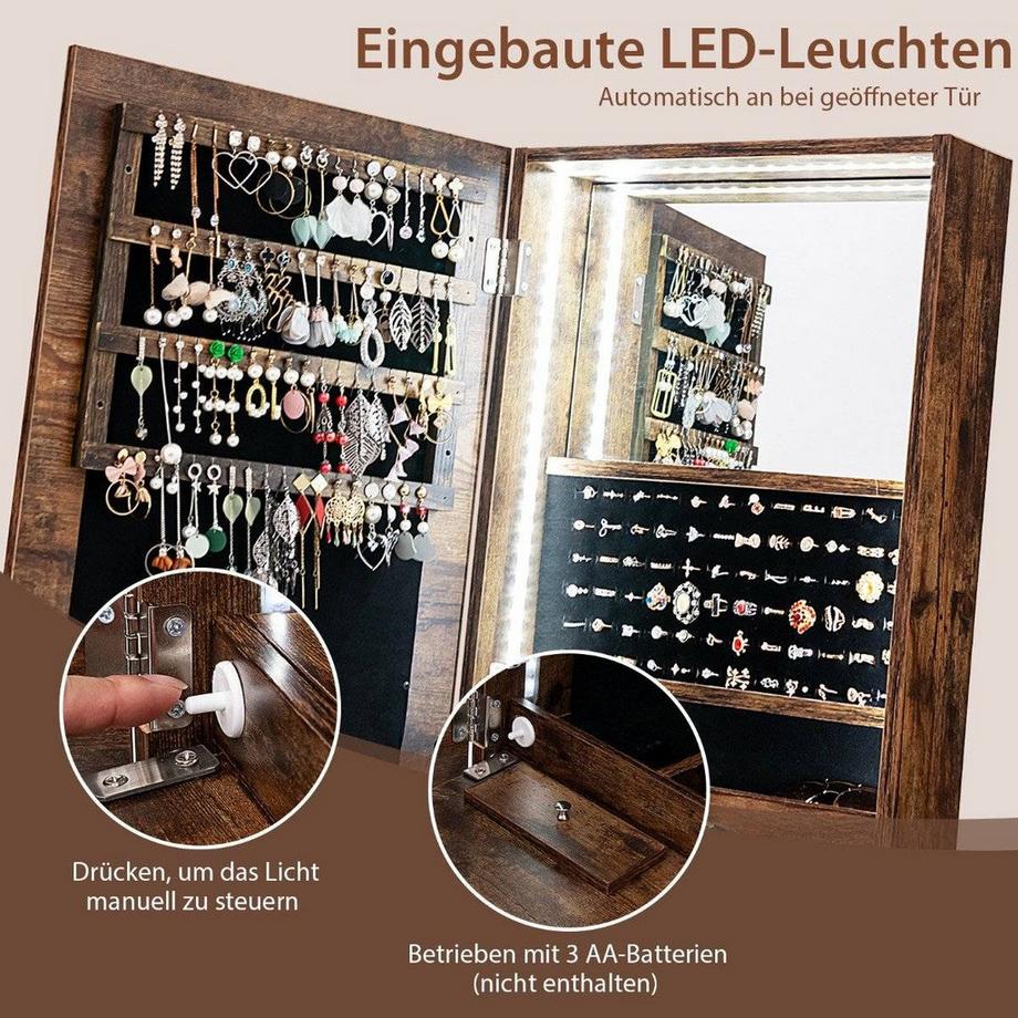 Northix Schmuckschrank mit Spiegel mit Beleuchtung Schmuck Spiegelschrank mit Schubladen Braun  