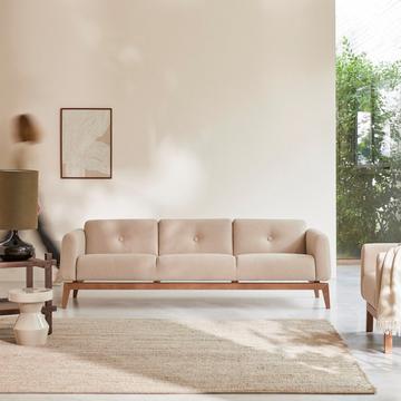 Canapé en chêne massif et tissu écru, 3 places Bjorn