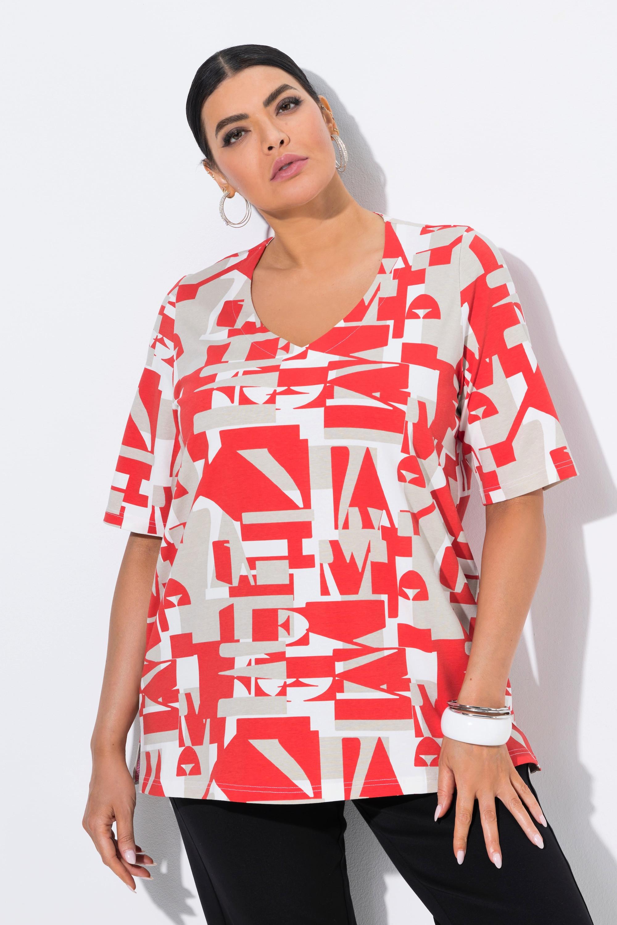 Ulla Popken T-shirt Coupe Évasée Décolleté en V Manches Courtes Imprimé Lettres  