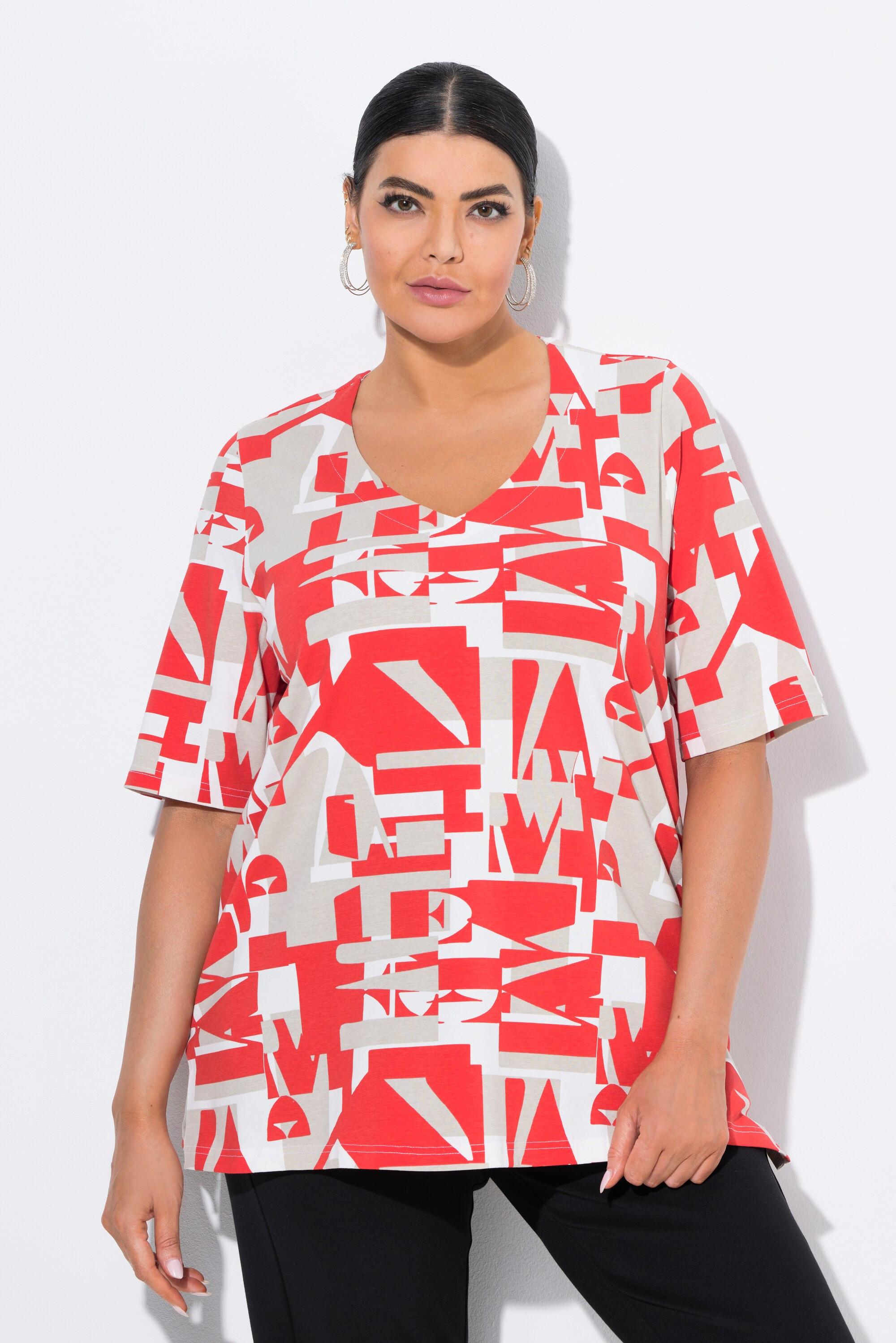 Ulla Popken T-shirt Coupe Évasée Décolleté en V Manches Courtes Imprimé Lettres  