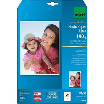 SIGEL InkJet Fotopapier A4 IP675 190g,glossy, weiss 20 Blatt