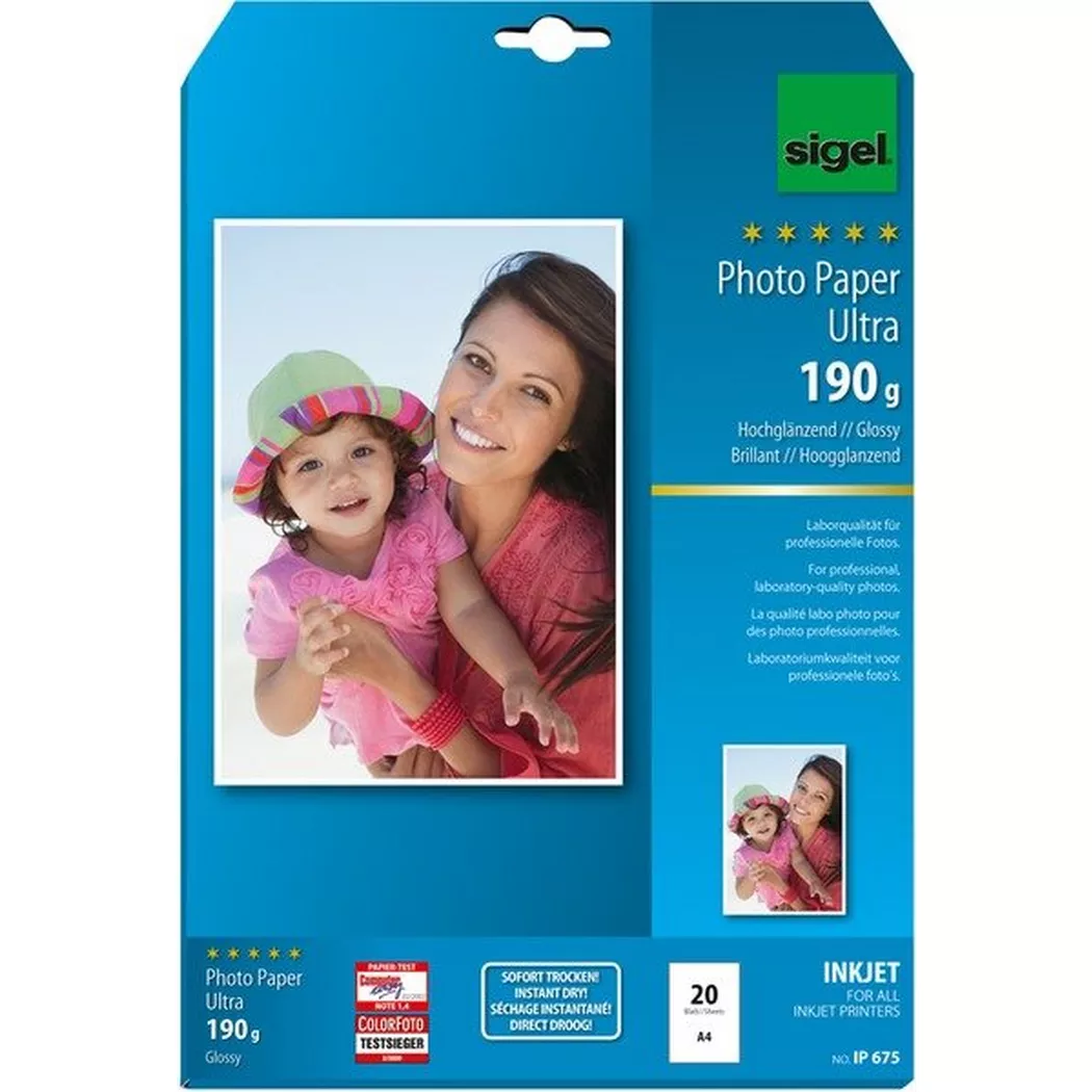 Sigel – InkJet Fotopapier A4 IP675 190g,glossy, weiss 20 Blatt, One Size