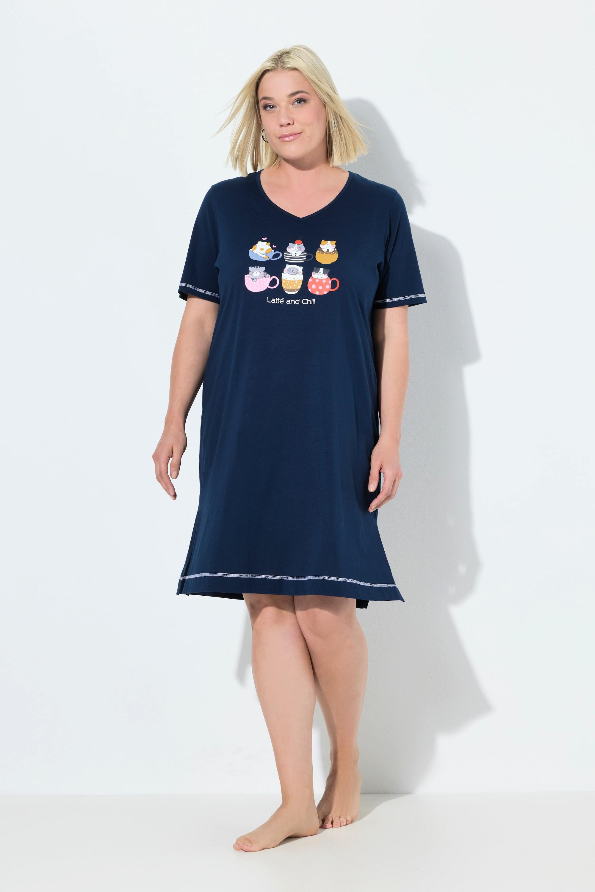 Ulla Popken Camicia da Notte Stampa Piazzata Scollo a V Mezza Manica  