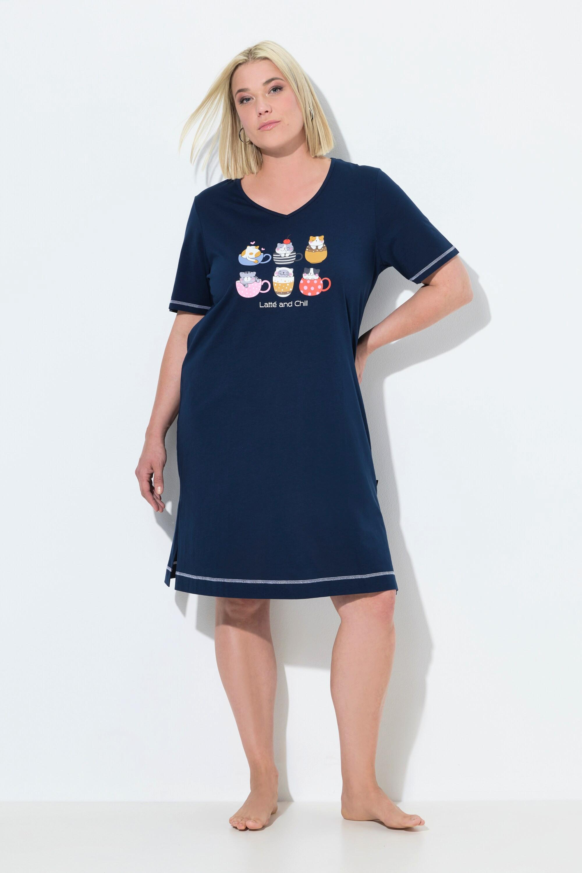 Ulla Popken Camicia da Notte Stampa Piazzata Scollo a V Mezza Manica  