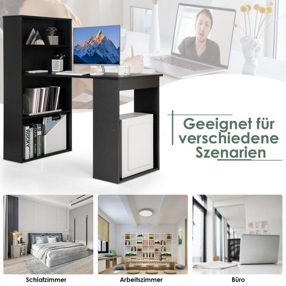 B2X Bureau avec bibliothèque, table d'ordinateur avec 6 étagères, table PC avec étagère, table de bureau noire  