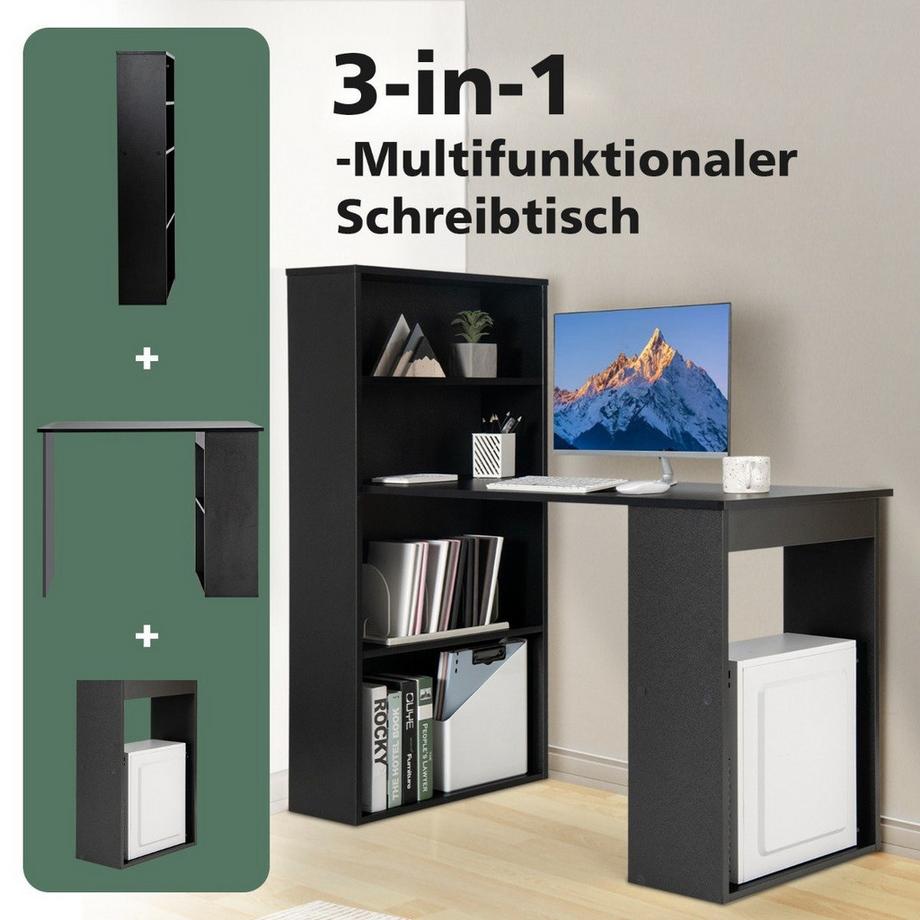 B2X Bureau avec bibliothèque, table d'ordinateur avec 6 étagères, table PC avec étagère, table de bureau noire  