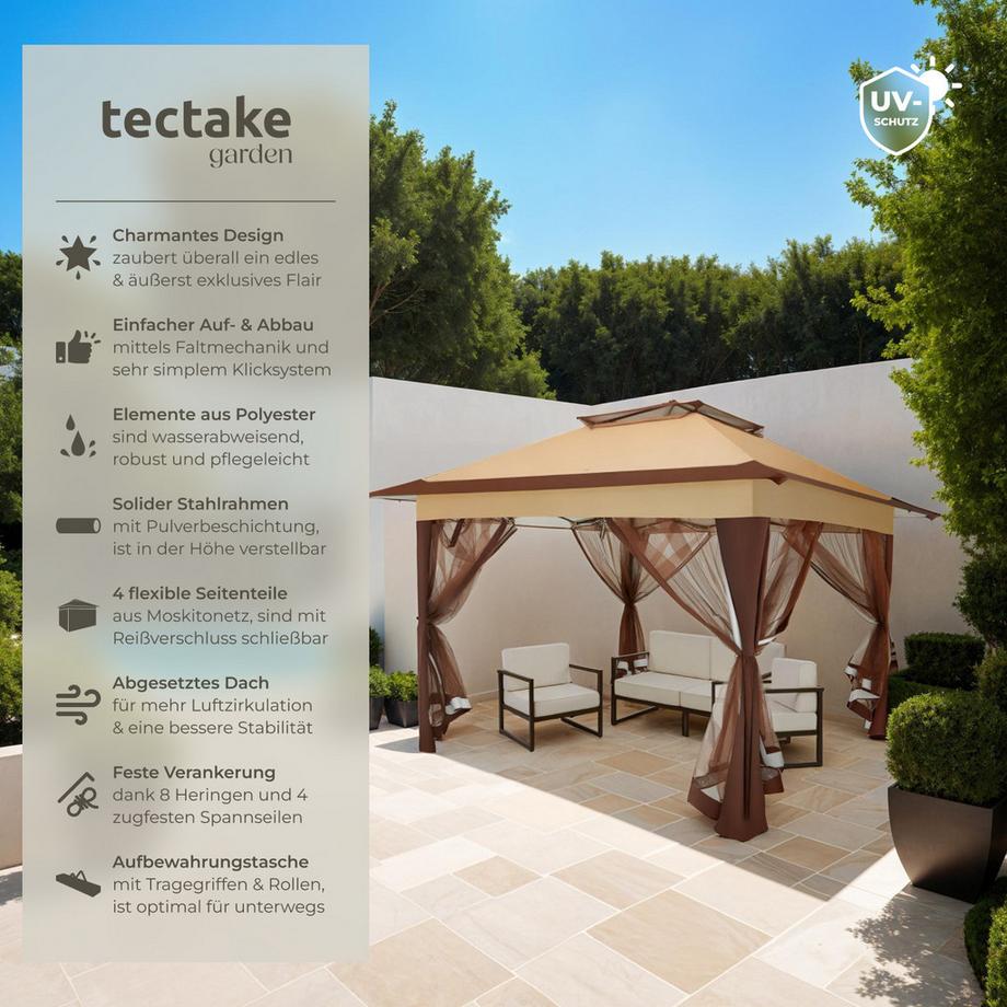 Tectake Faltpavillon Carabobo 3,64 x 3,64 x 2,94 m wasserabweisendes Dach mit UV-Schutz  