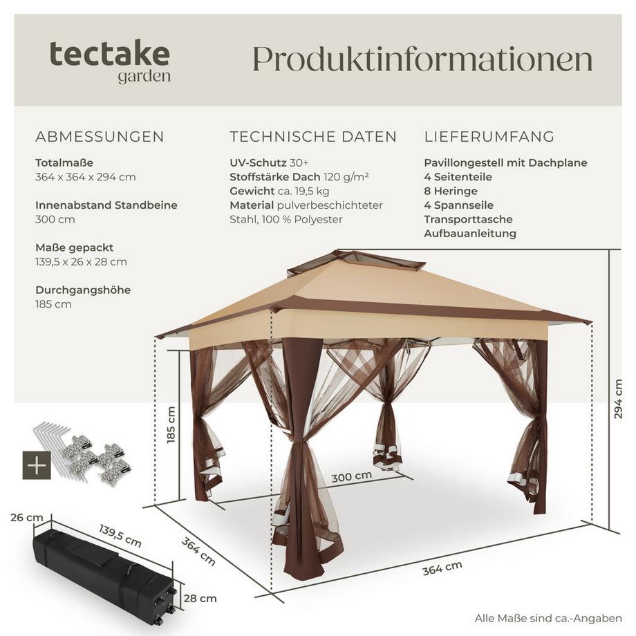 Tectake Faltpavillon Carabobo 3,64 x 3,64 x 2,94 m wasserabweisendes Dach mit UV-Schutz  