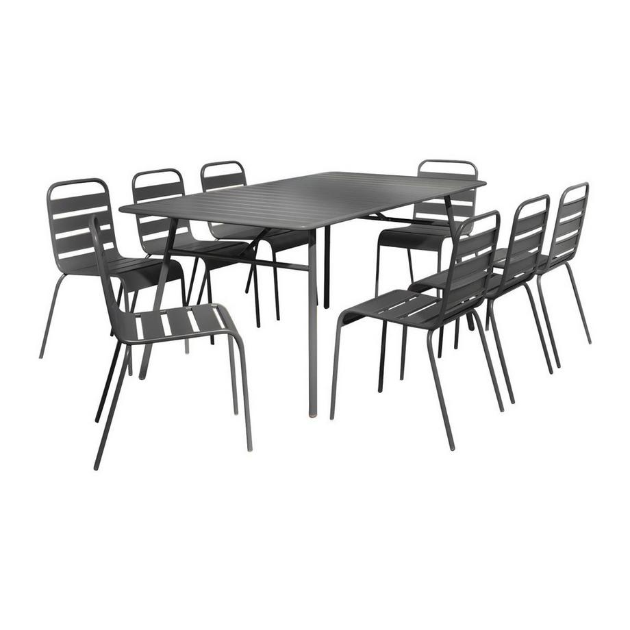 Vente-unique Salle à manger de jardin en métal - une table L.200 cm et 8 chaises empilables - Gris foncé - MIRMANDE de MYLIA  