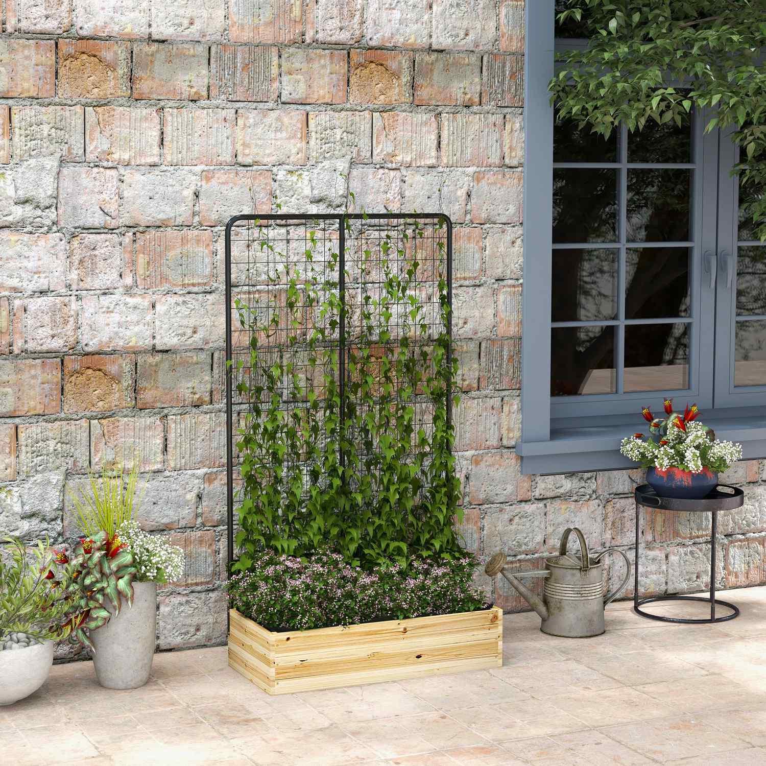 Northio Parterre surélevé avec treillis, bac à fleurs en bois, parterre d'herbes aromatiques, bac à fleurs pour jardin, balcon, bois naturel, 80 x 38 x 145 cm  