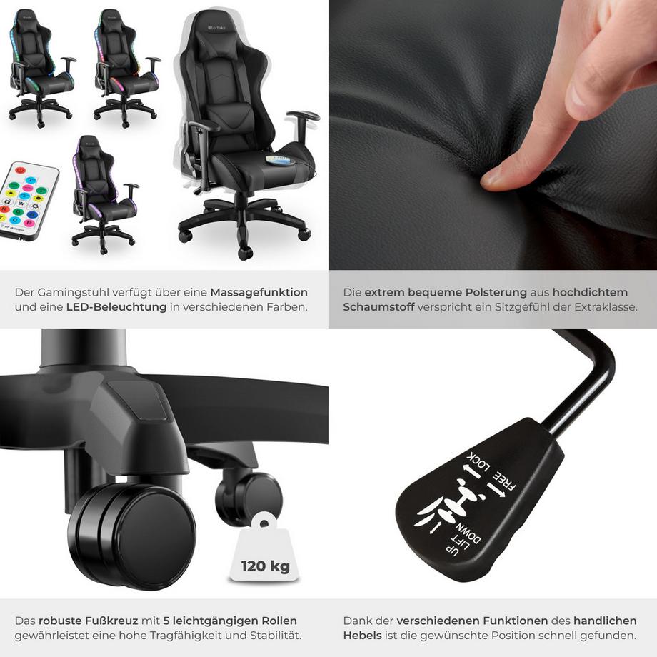 Tectake Gamingstuhl Tartaros ergonomische Form, mit verstellbarer Rückenlehne mit LED-Beleuchtung und Massagefunktion  