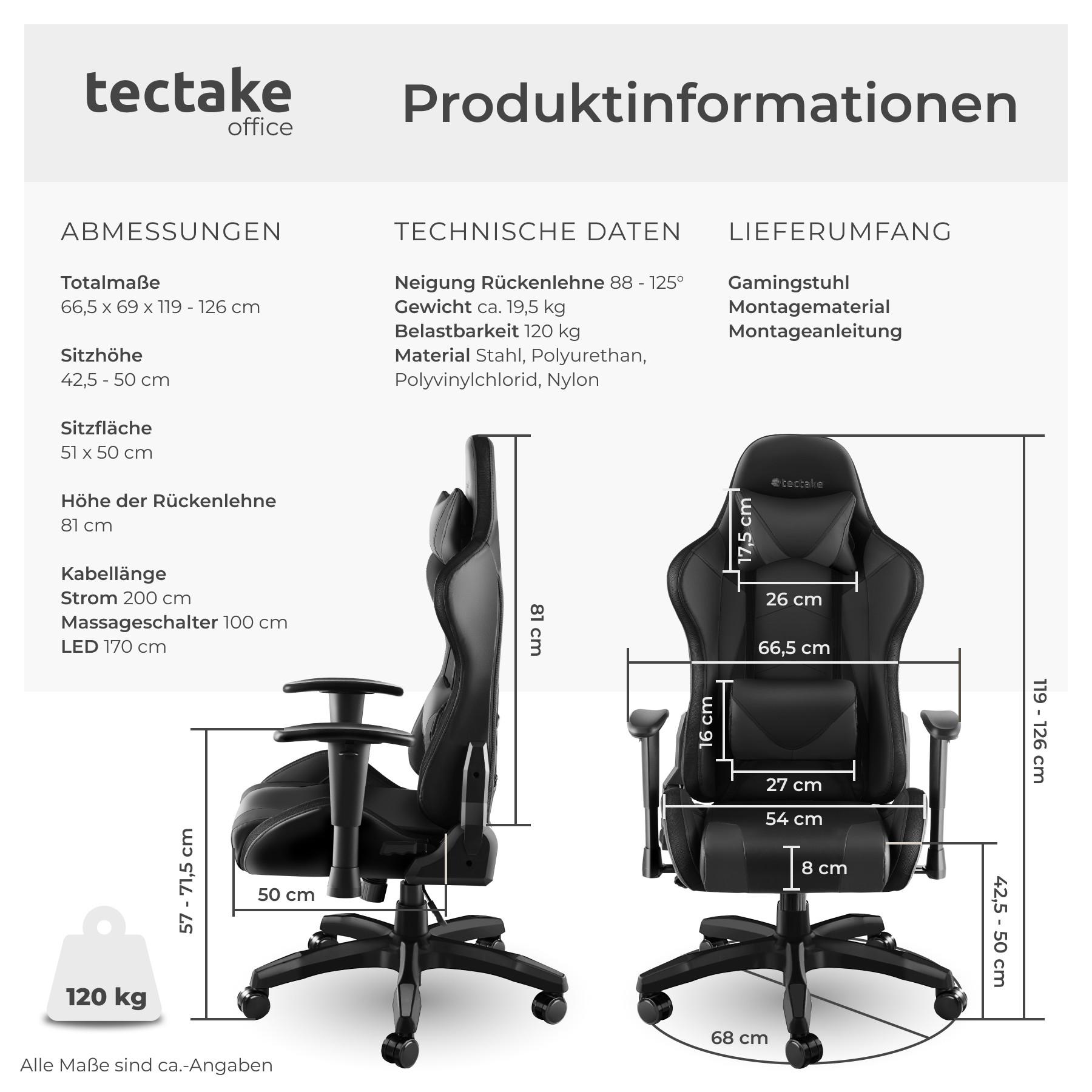 Tectake Chaise de gaming TARTAROS avec fonction massage et LED  