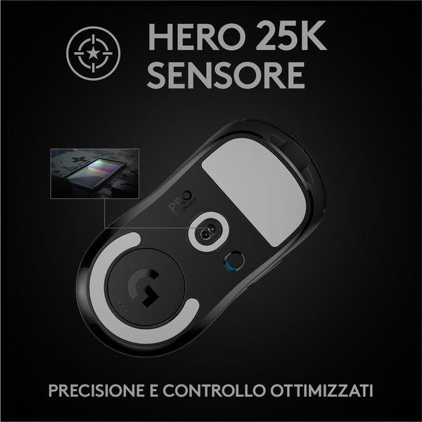 logitech G  G PRO X SUPERLIGHT Mouse Gaming Wireless, Leggero 63 g, Sensore HERO 25K, 25.600 DPI, 5 Tasti Programmabili, Lunga Autonomia, Memoria Integrata, per eSport, Compatibile con PC e Mac. Nero 