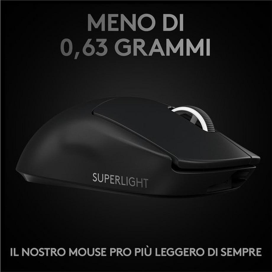 logitech G  G PRO X SUPERLIGHT Mouse Gaming Wireless, Leggero 63 g, Sensore HERO 25K, 25.600 DPI, 5 Tasti Programmabili, Lunga Autonomia, Memoria Integrata, per eSport, Compatibile con PC e Mac. Nero 