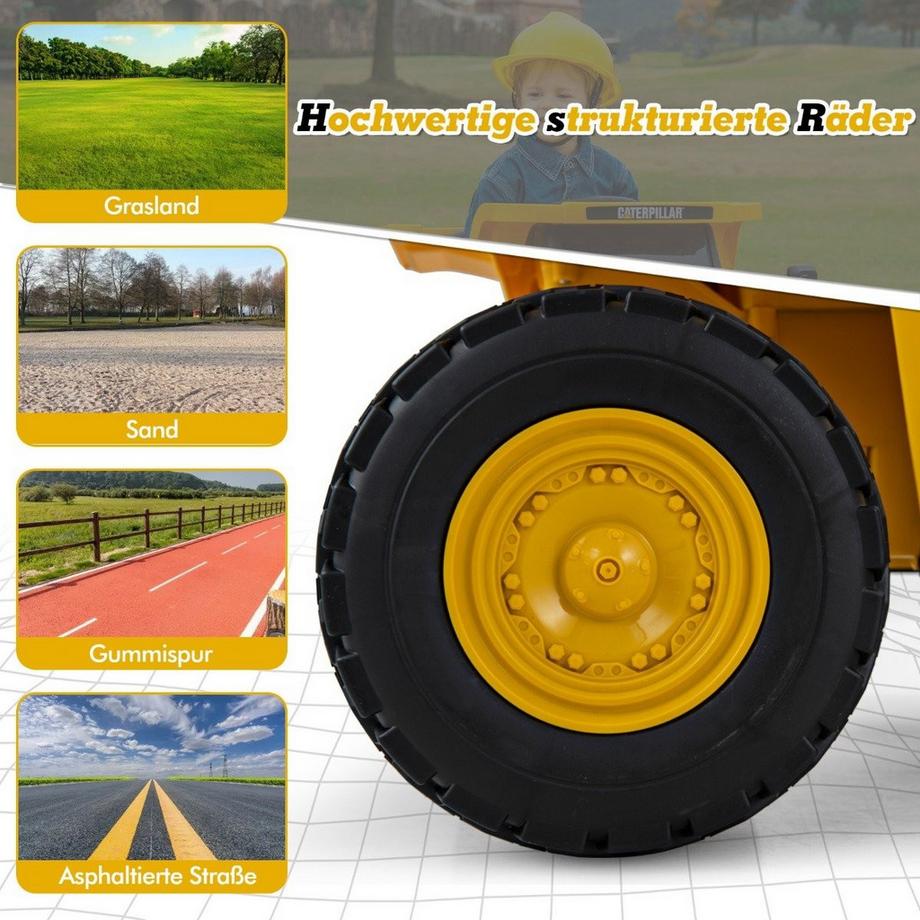 Northix  Voiture électrique Caterpillar pour enfants, camion à benne basculante 12 V sur lequel s'asseoir avec pelle à sable, lit basculant et mégaphone 