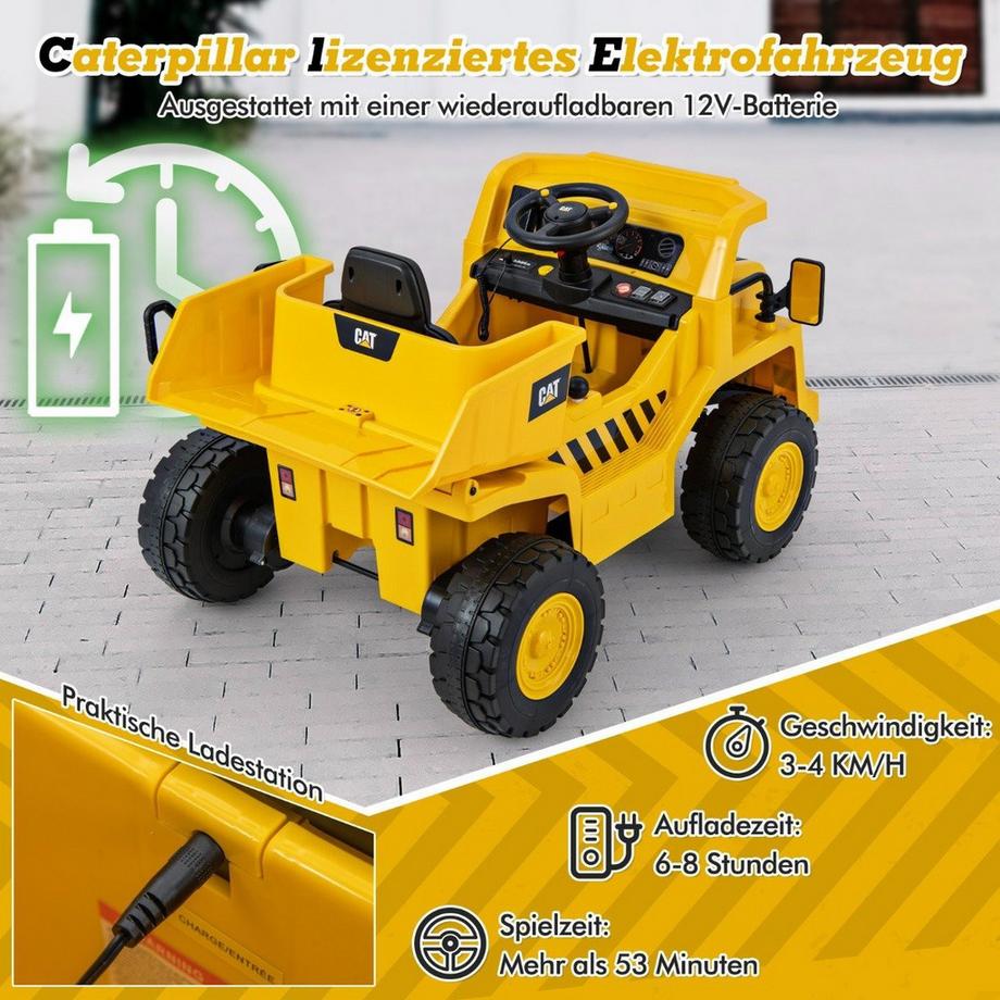 Northix  Voiture électrique Caterpillar pour enfants, camion à benne basculante 12 V sur lequel s'asseoir avec pelle à sable, lit basculant et mégaphone 