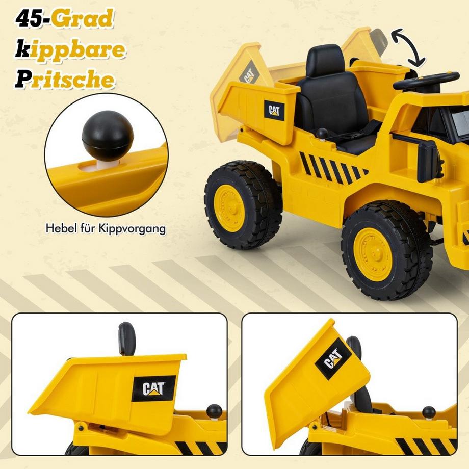 Northix  Voiture électrique Caterpillar pour enfants, camion à benne basculante 12 V sur lequel s'asseoir avec pelle à sable, lit basculant et mégaphone 