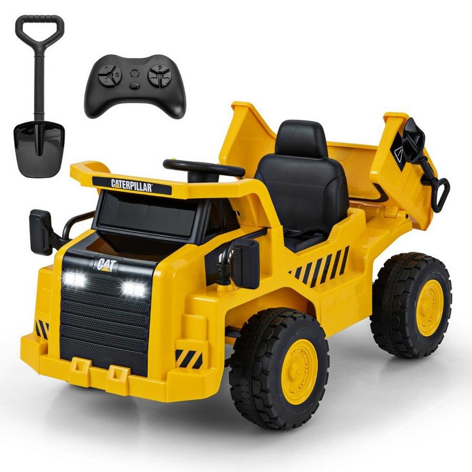 Northix  Voiture électrique Caterpillar pour enfants, camion à benne basculante 12 V sur lequel s'asseoir avec pelle à sable, lit basculant et mégaphone 