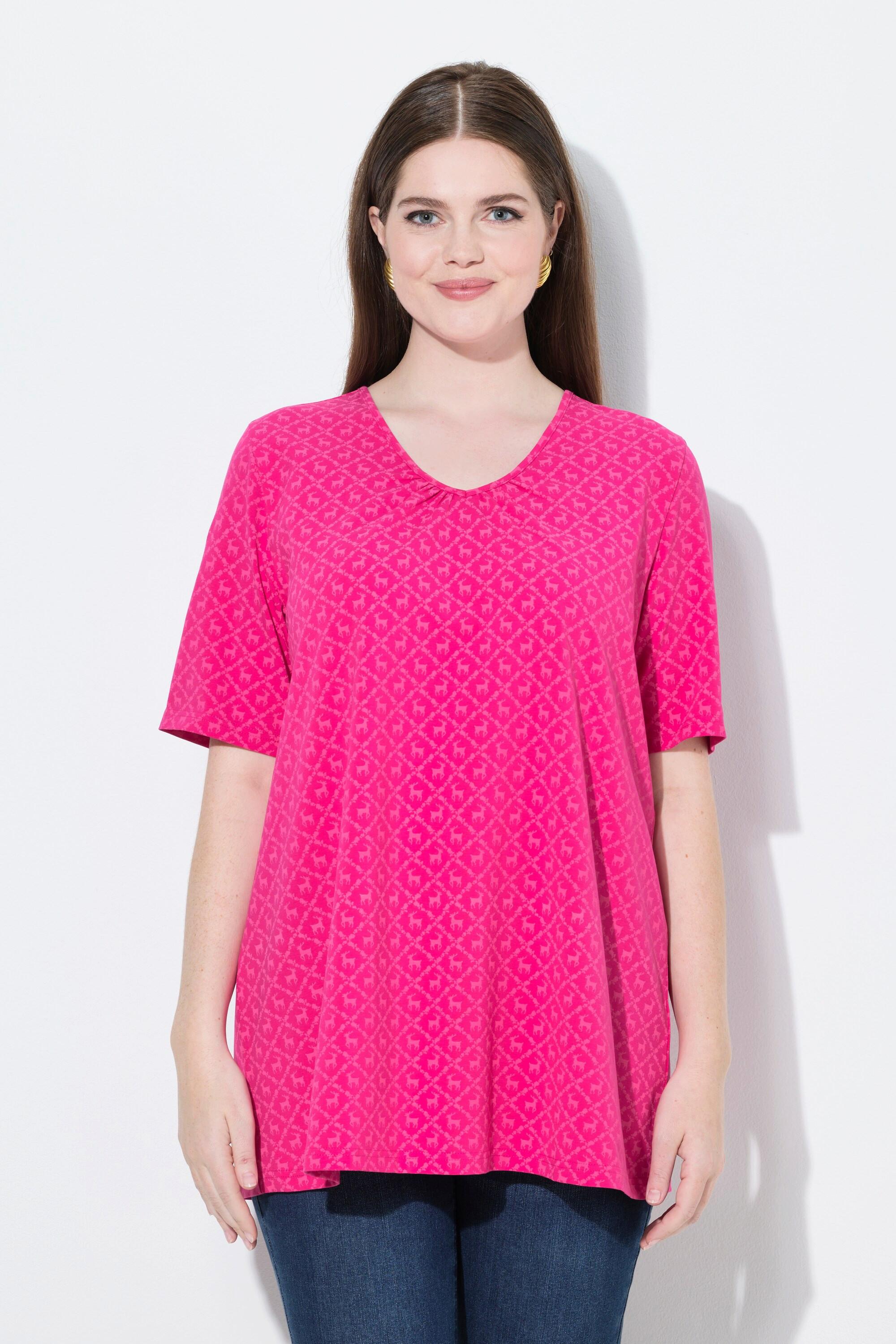 Ulla Popken T-Shirt Motif Traditionnel Coupe Évasée Encolure en V Manches Courtes  