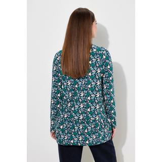 Ulla Popken  T-shirt long en coton bio motif à fleurs, col montant et manches longues 