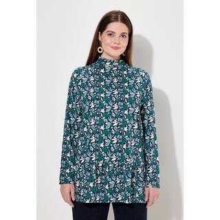 Ulla Popken  T-shirt long en coton bio motif à fleurs, col montant et manches longues 