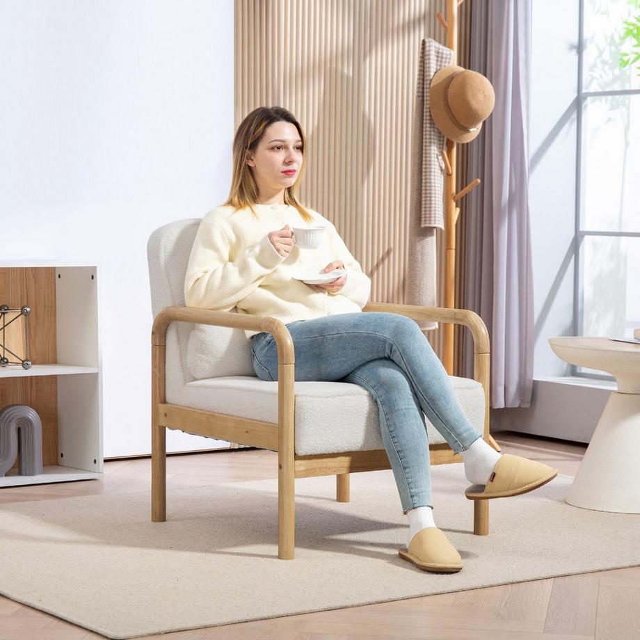 Northio Sessel Wohnzimmer Loungesessel mit Armlehnen, Holzbeine, Großen und Dicken Sitz, Relaxsessel Lesesessel mit Wurfkissen, Bouclé-Optik, Polstersessel für Schlafzimmer Weiß |  