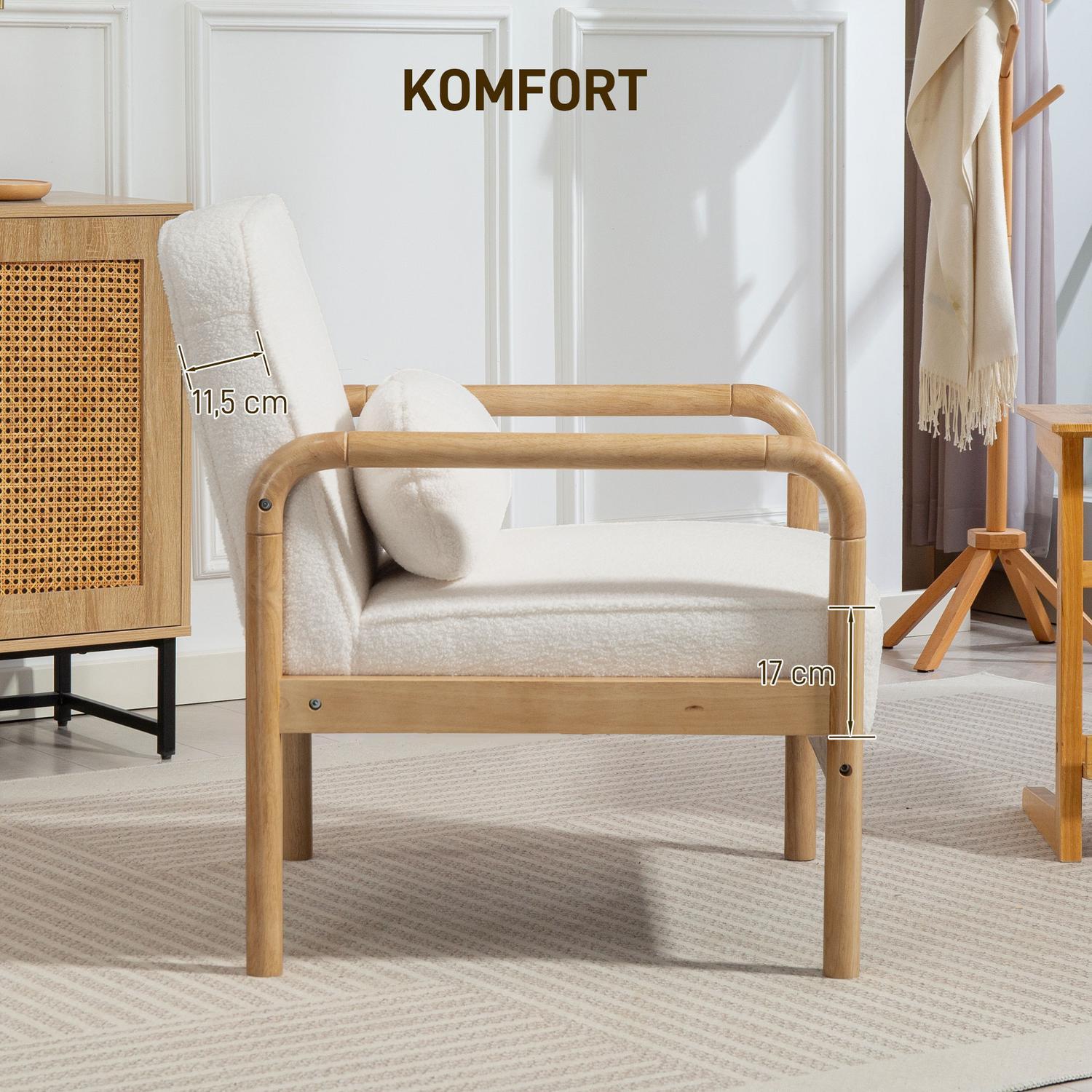 Northio Fauteuil de salon, chaise longue avec accoudoirs, pieds en bois, assise large et épaisse, chaise de relaxation, chaise de lecture avec coussin, aspect bouclé, chaise rembourrée pour chambre à coucher, blanc |  