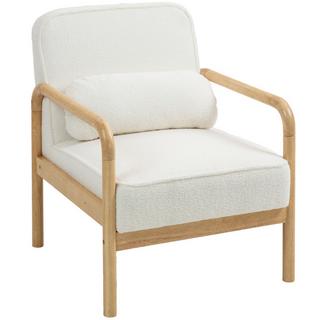 Northio Fauteuil de salon, chaise longue avec accoudoirs, pieds en bois, assise large et épaisse, chaise de relaxation, chaise de lecture avec coussin, aspect bouclé, chaise rembourrée pour chambre à coucher, blanc |  