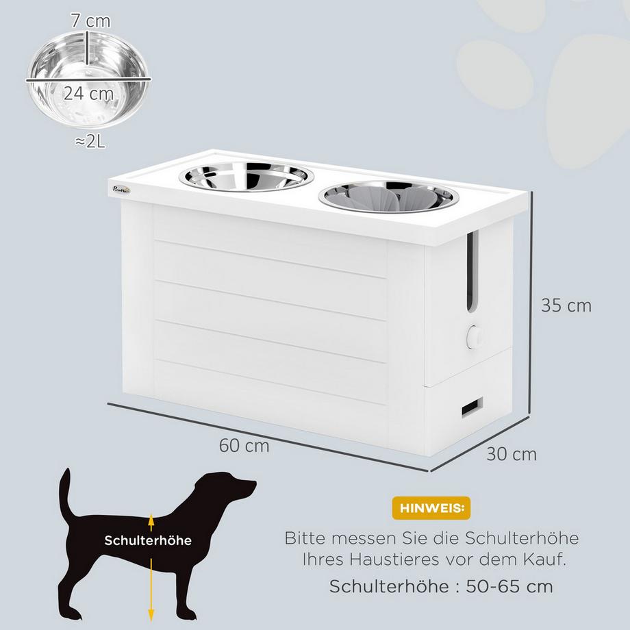 Northio  2-in-1 Erhöhter Hundenapf Höhenverstellbar Futternapf mit Ständer Stauraum 2 x 2L Edelstahlnäpfen Langsamfuttermatte Fressnapf Futterstation Hundenäpfe für Große Hunde Katzen Weiß Aosom 