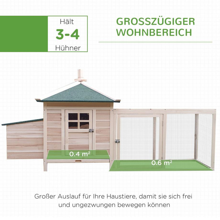 Northio  Zwerghühnerstall mit Auslauf und Sitzstangen, Winterfestes Hühnerhaus aus Kiefernholz, Nistkasten für Wachteln, 196 x 76 x 97 cm 