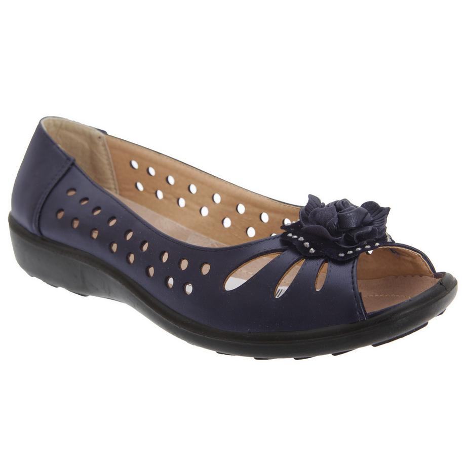 Ballerinas Schuhe Mit Zehenöffnung, Lochmuster Und Blumenapplikation