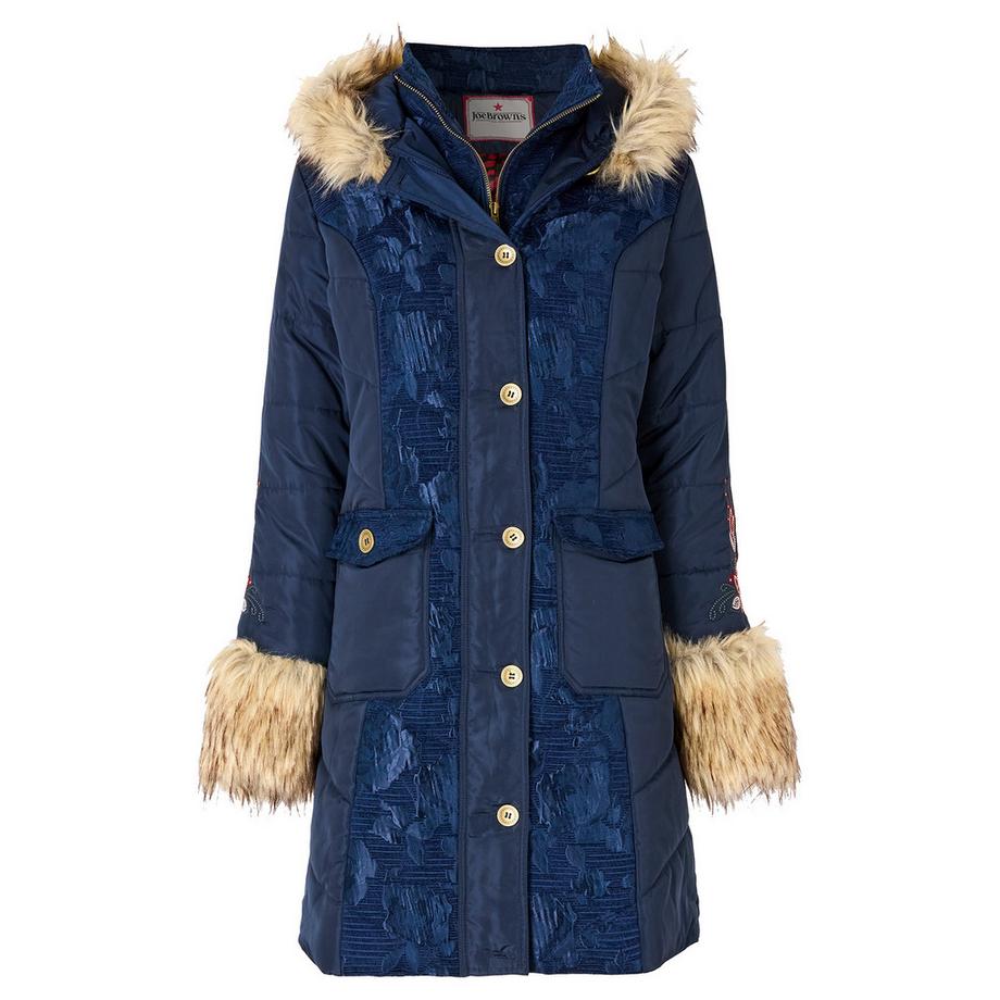 Joe Browns Marineblauer Parka mit Jacquard-Einsätzen und Kunstfell  