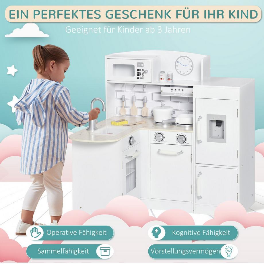 Northio  Kinderküche Spielküche mit elektronischem Wasserspender, Mikrowelle und Kühlschrank, Puppenküche mit Backofen, Kochgeschirrset, Küchenzubehör für Kinder ab 3 Jahren, Weiß 