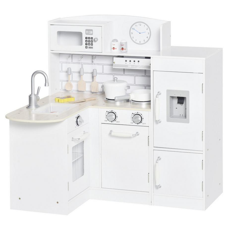 Northio  Kinderküche Spielküche mit elektronischem Wasserspender, Mikrowelle und Kühlschrank, Puppenküche mit Backofen, Kochgeschirrset, Küchenzubehör für Kinder ab 3 Jahren, Weiß 