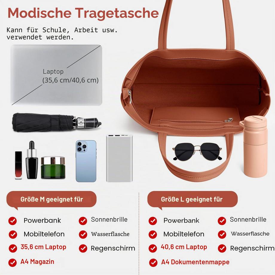 Only-bags.store Einkaufstasche Handtasche Stilvolle große Umhängetasche mit Reißverschluss und Tasche Laptop  