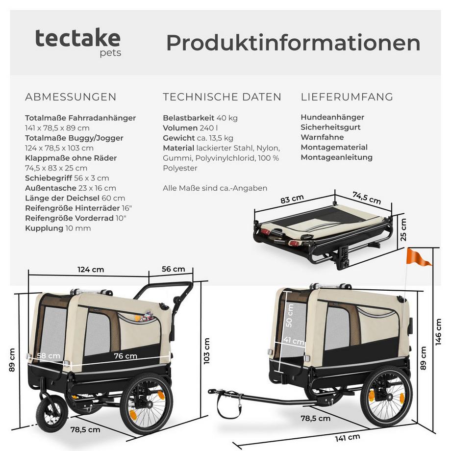 Tectake  Hundeanhänger WoofRider 3in1 multifunktional faltbar 