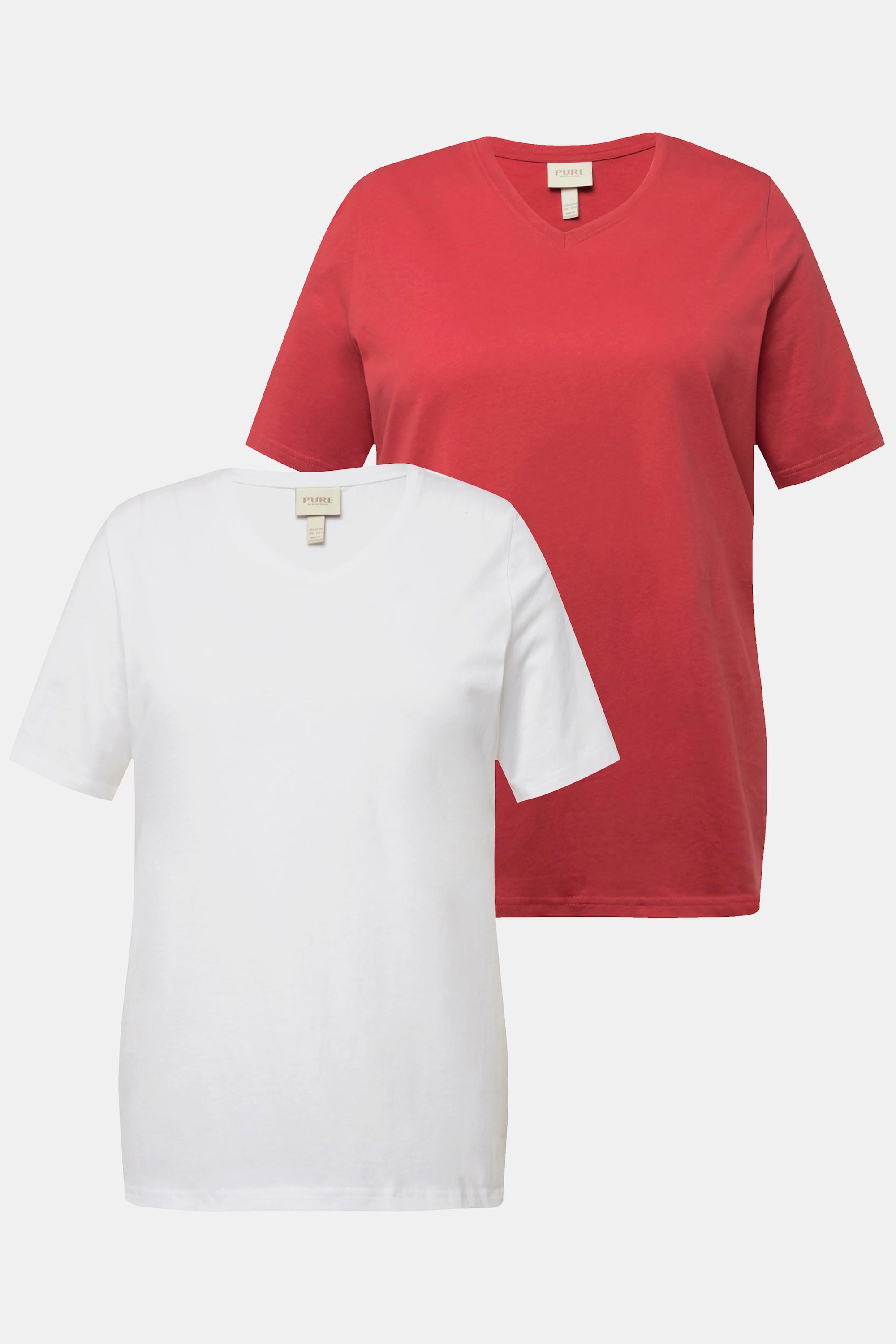 Ulla Popken  T-shirts en coton bio. Col en V et manches courtes. Lot de 2. 