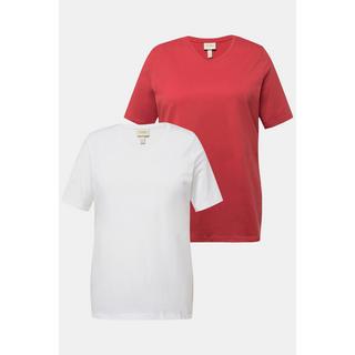 Ulla Popken  T-shirts en coton bio. Col en V et manches courtes. Lot de 2. 