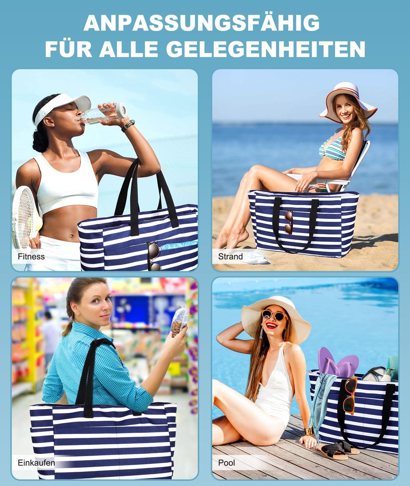 Only-bags.store Große gestreifte Strandtasche mit Reissverschluss  
