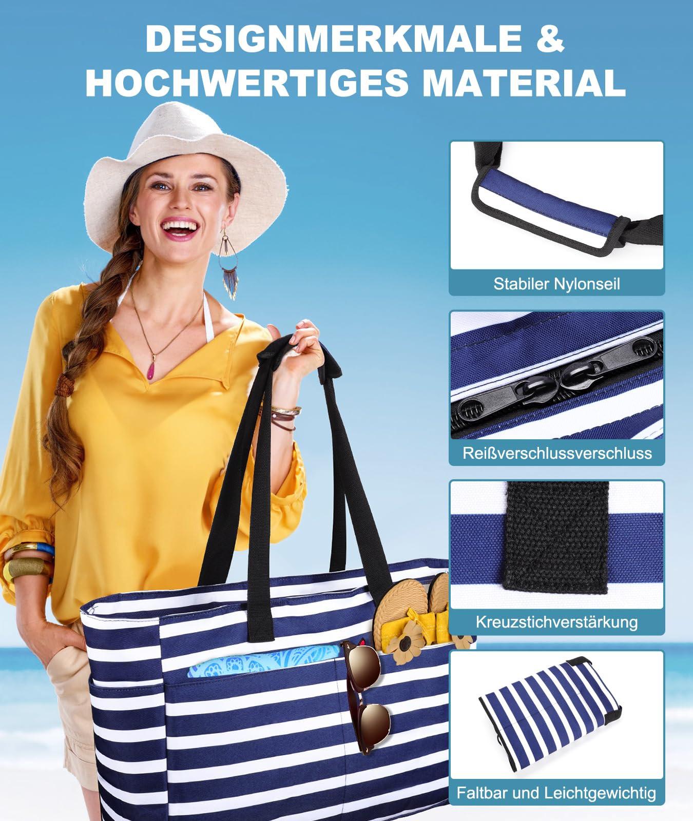 Only-bags.store Große gestreifte Strandtasche mit Reissverschluss  