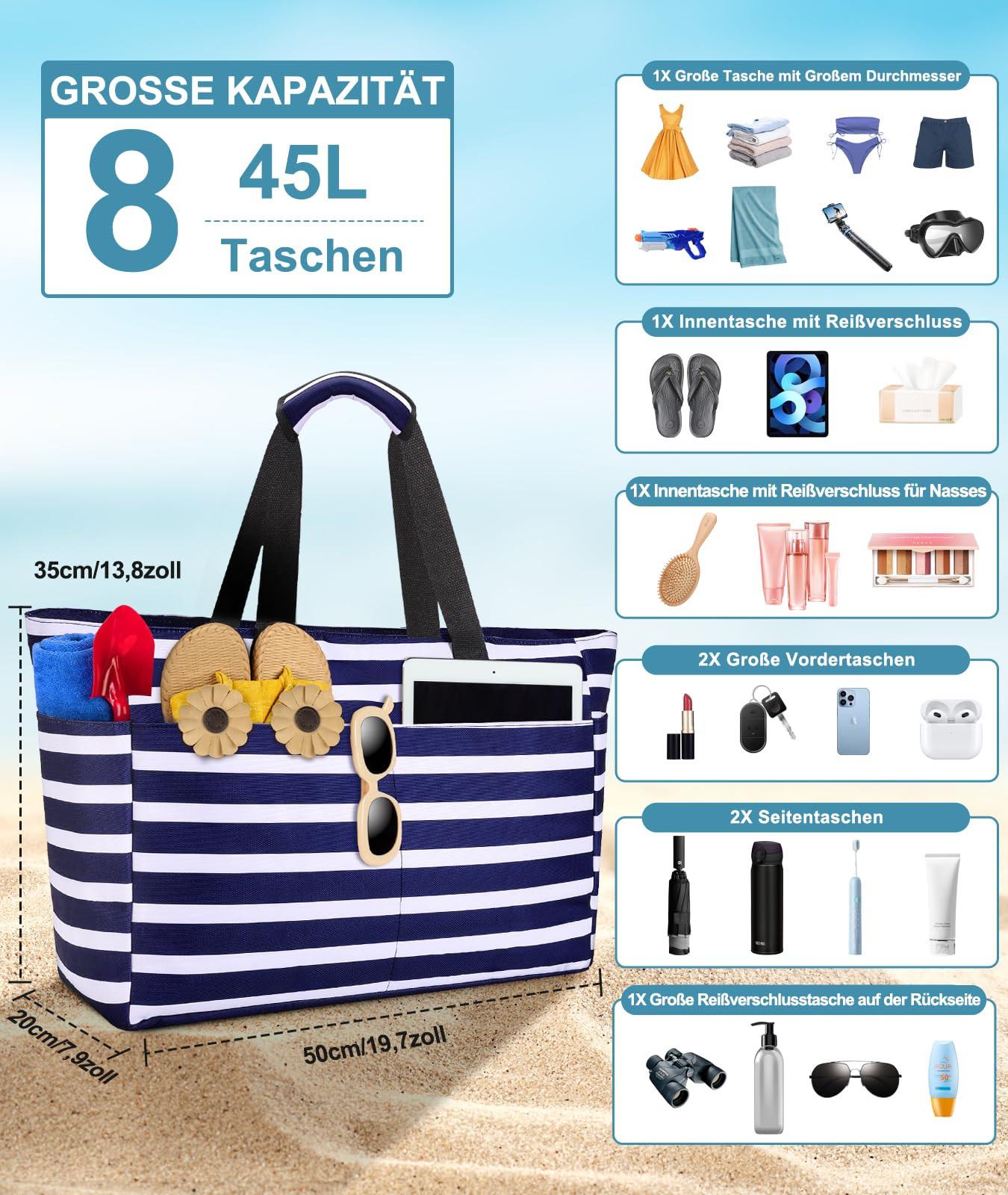 Only-bags.store Große gestreifte Strandtasche mit Reissverschluss  