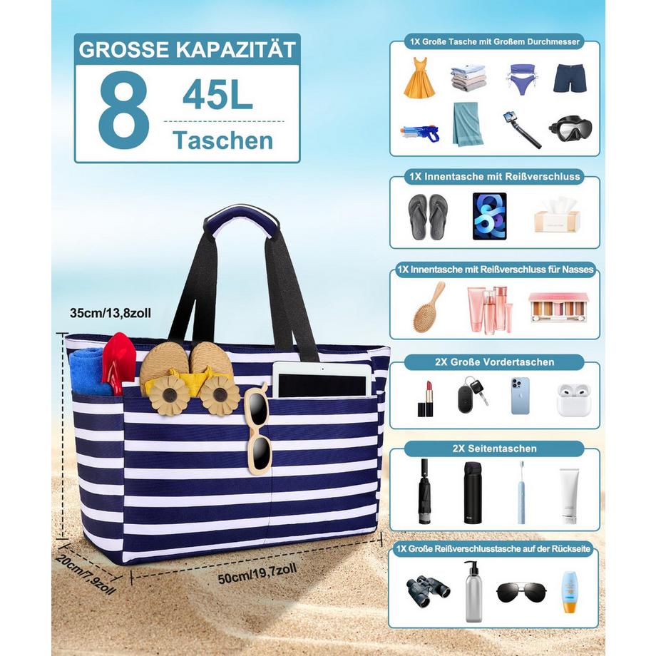 Only-bags.store Grand sac de plage rayé avec fermeture éclair  