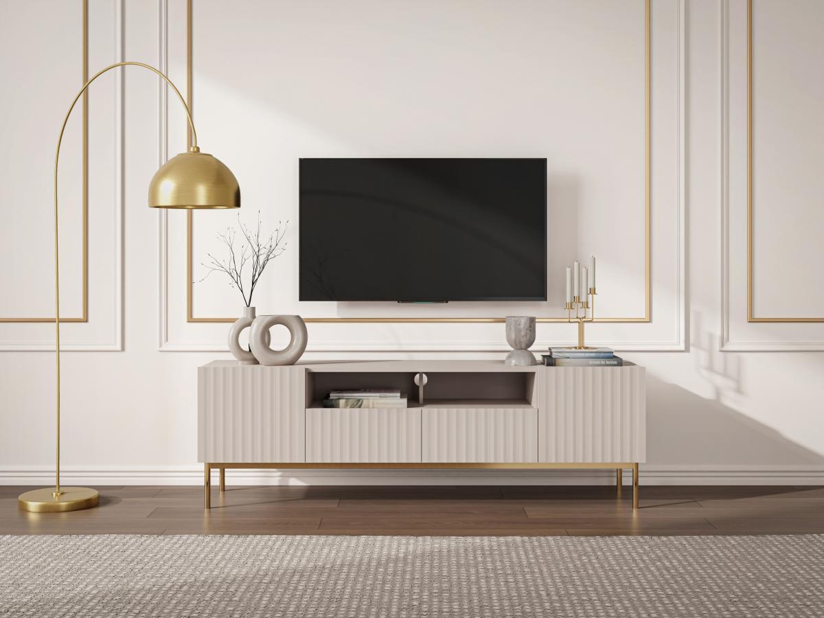 Vente-unique Mobile TV con 2 ante, 2 cassetti e 2 nicchie in MDF e Acciaio Beige e Dorato - EVILANA  