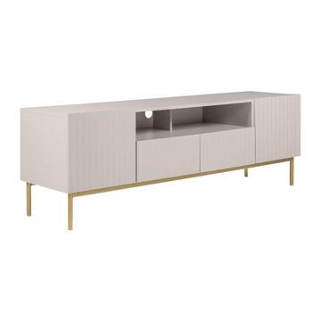 Meuble TV avec 2 portes, 2 tiroirs et 2 niches en MDF et acier - Beige et doré - EVILANA