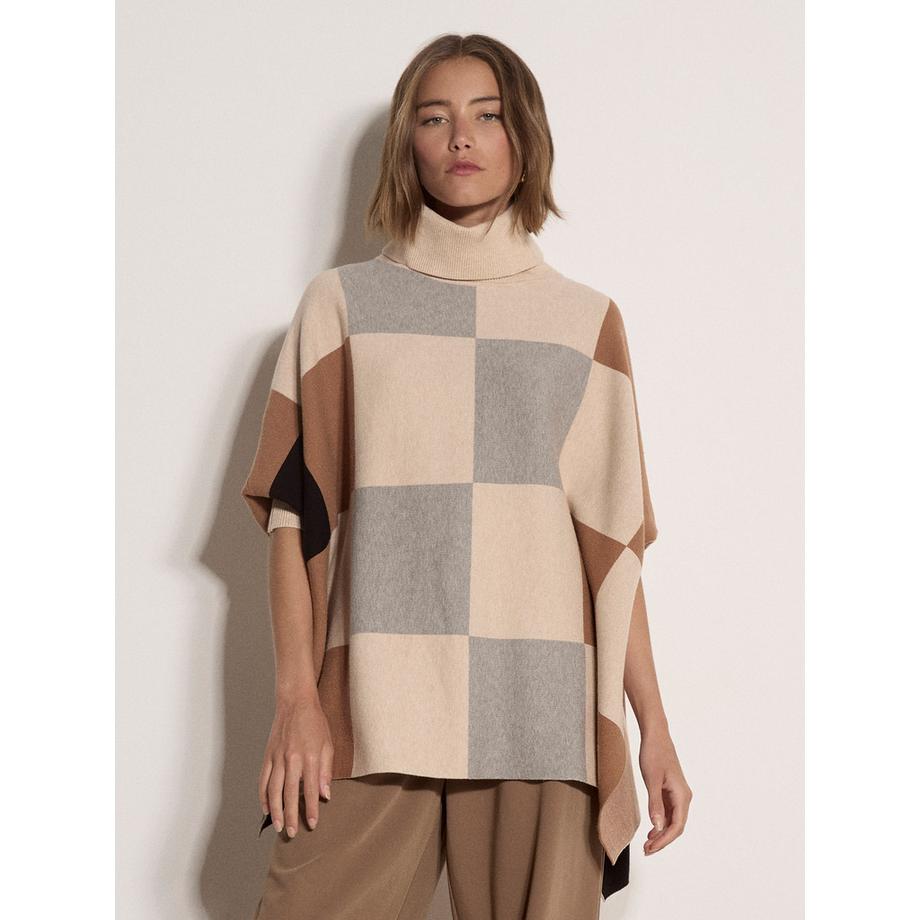APRICOT Poncho à col roulé à carreaux et motifs colorés  